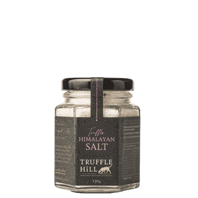 Hexagonal jar with a black label . Truffle Hill Truffle Pink Salt.