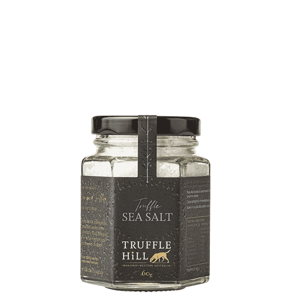 Hexagonal jar with a black label . Truffle Hill Truffle Sea Salt.