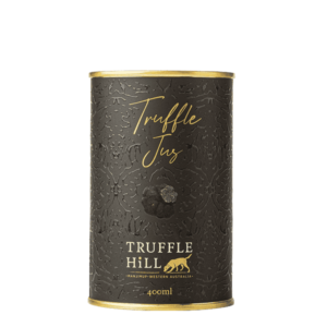 A metal can with a black label. Label contains an image of a black truffle and the Truffle Hill brand.