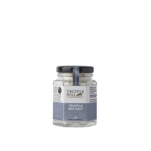 Hexagonal jar with a black label . Truffle Hill Truffle Sea Salt.